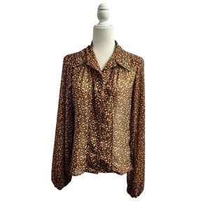 Unique Vintage Long Sleeve Collared Button Up Floral Blouse Top Brown Medium M